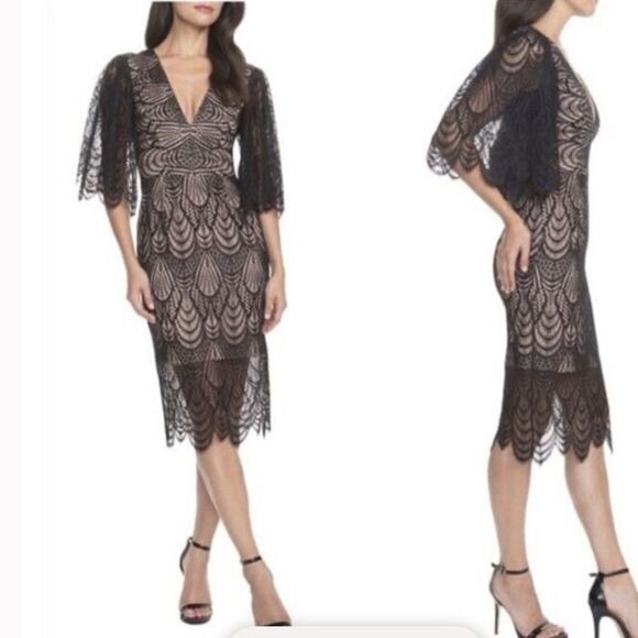 Dress the Population Mia Yellow Lace Midi Dress Puff Sleeve Cocktail Large - Picture 2 of 8